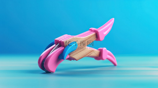 3D 生成的蓝色背景下双色调风格的险恶粉色木制弹弓玩具武器