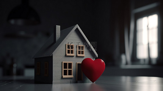 在家工作的安全港 灰色背景下房屋形状的红心 3D 渲染