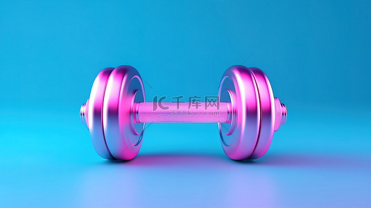 蓝色背景上的粉色铁哑铃重量双色调健身概念的 3D 渲染