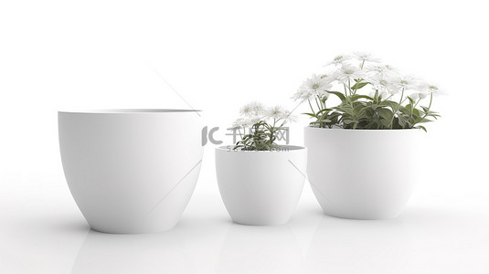 春绿叶背景图片_三个独特的 3d 花盆在白色背景上用白色花盆渲染
