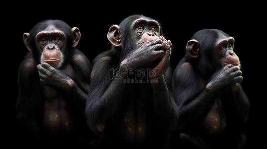 眼睛闭背景图片_黑猩猩在 3D 中站立并阻挡黑色背景上的声音