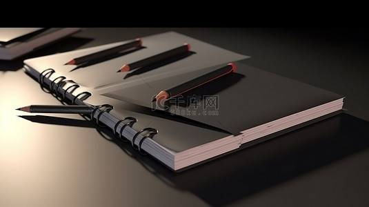 笔记本卡通背景图片_桌面上笔记本笔和记事本的三维渲染