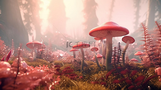 迷人的森林在柔和的粉红色灯光下发光，装饰着蕨类植物酢浆草和蘑菇，具有红色伞菌 3D 渲染