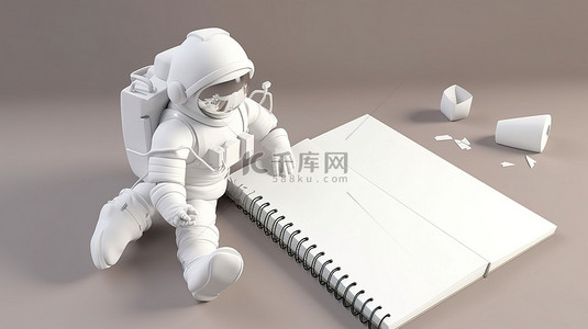 使用 3D 渲染中的宇航员笔记本模型进行探索，以进行营销和设计