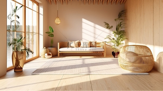 阳光明媚的斯堪迪日本客厅现代室内设计 3D 渲染