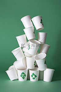 一堆纸杯，上面有回收标志