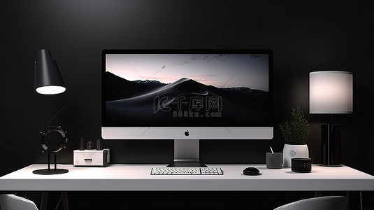 夜间客厅办公桌上配有白色屏幕的现代电脑，以 3D 渲染