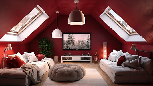 阁楼上的现代风格家庭影院采用勃艮第和白色配色方案 3D 渲染