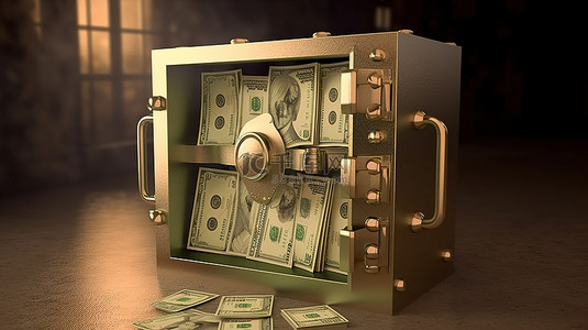 黄金png背景图片_带纸币硬币和现金袋的安全箱的 3D 渲染