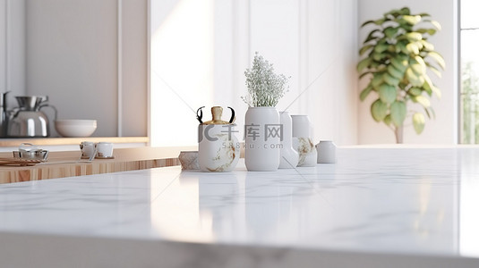 台厨房面背景图片_现代斯堪的纳维亚厨房内部 3D 渲染中光滑的大理石厨房岛或台面上有充足的空白空间
