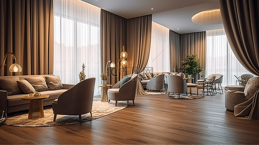 酒店豪华的休息区豪华的软垫座椅优雅的桌子和抛光地板 3D 渲染