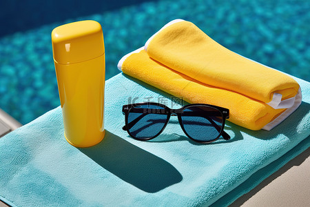 泳池背景图片_沙滩巾和太阳镜上的防晒霜