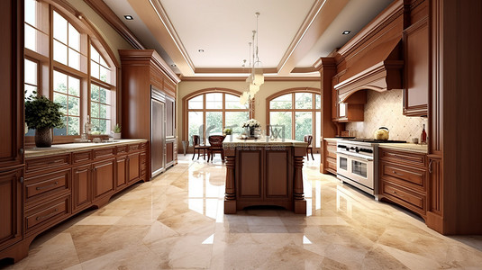 优雅的厨房设计，闪闪发光的瓷砖，丰富的染色橱柜和豪华的大理石台面，3D 渲染