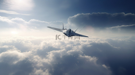 战斗机翱翔在 3D 渲染的天空中