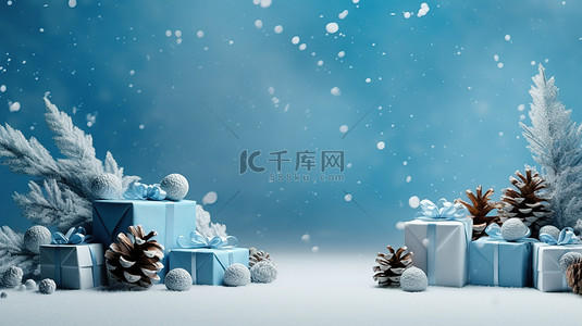 圣诞海报背景蓝色背景图片_圣诞横幅背景上的喜庆蓝色礼物和冷杉球果 3D 插图圣诞设计