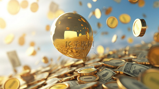 渲染气球背景图片_货币通胀可视化 3D 渲染气球提升金币美元