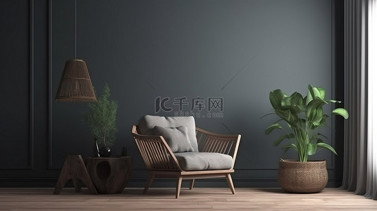 诱人的客厅墙壁模型与时尚的黑色扶手椅 3D 渲染和插图