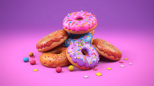 糕点美食背景图片_充满活力的饼干，粉红色背景上有色彩飞溅 3D 渲染插图