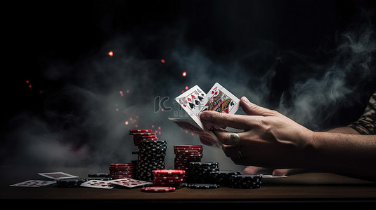 拼图游戏开始页面背景图片_男性手在烟雾和 3D 故障虚拟现实突出显示的筹码中抓住王牌