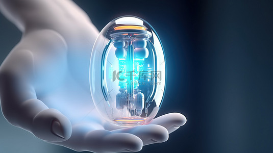 Android 机器人手持医疗胶囊的 3D 渲染创新医疗技术概念