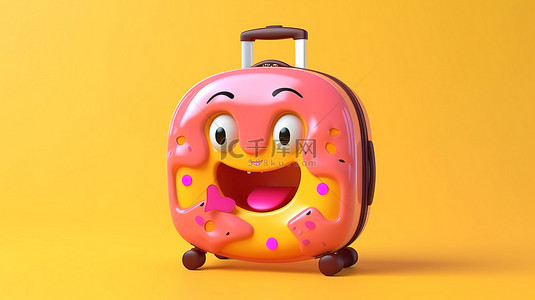 黄色背景上携带橙色旅行箱的粉色釉面甜甜圈角色吉祥物的 3D 渲染