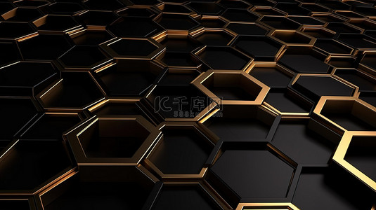 网络背景图片_创新的网络技术六边形金色衬里 3d 现代黑色渲染壁纸