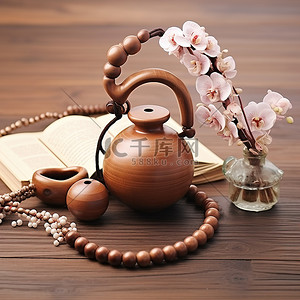 木茶壶珠花和木桌上的笔记本