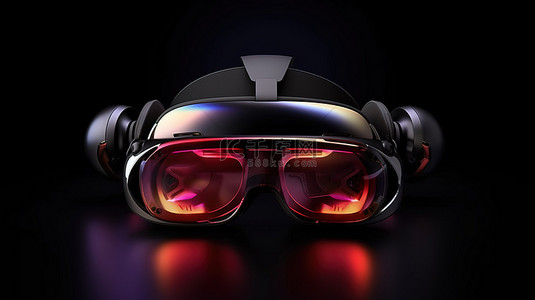 时尚的 VR 耳机，带耳机的轮廓视图与虚拟现实概念的深色背景 3D 渲染