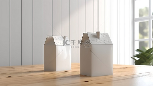 包装正面背景图片_白色木桌上牛奶果汁纸盒包装盒的正面和侧面视图 3D 渲染模型