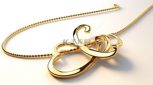 白色背景上爱情标志金色珠宝项链的 3D 渲染