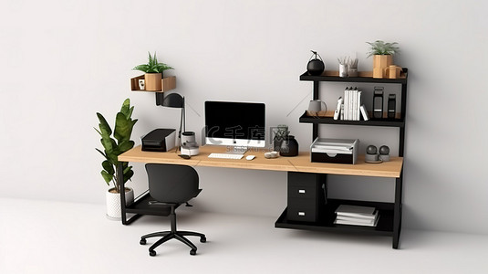 时尚简约桌面背景图片_时尚简约的工作空间现代电脑桌，配有别致的配件和 3D 电脑模型