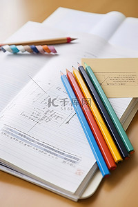 彩色铅笔背景图片_两本笔记本和彩色铅笔并排放置