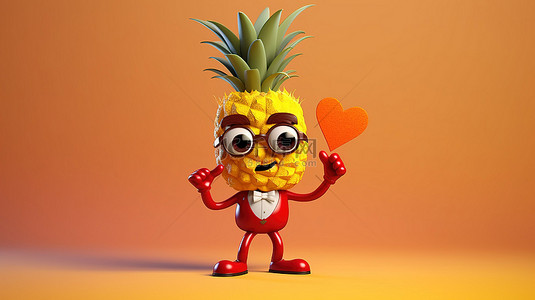 异想天开的时髦菠萝角色，在阳光明媚的黄色背景 3D 渲染上带有红色问号