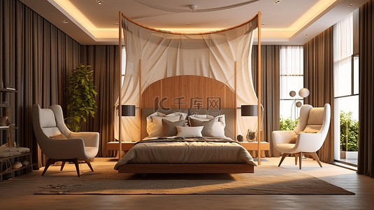 椅子海报背景图片_卧室的现代风格，配有天篷床电视柜舒适的椅子和四张海报木床 3D 渲染