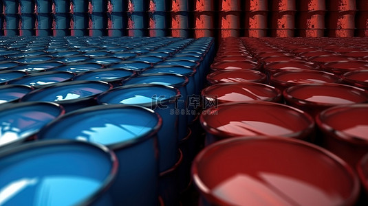 能源工业背景图片_红色和蓝色桶工业背景的 3d 插图