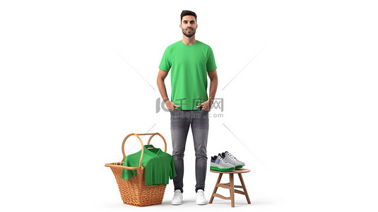 购物篮子背景图片_身穿绿色 T 恤的消费者站在 3D 渲染的白色背景上的一篮子商品附近