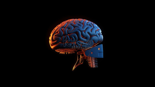 深蓝色背景上橙色头部的人工智能大脑 3d 渲染