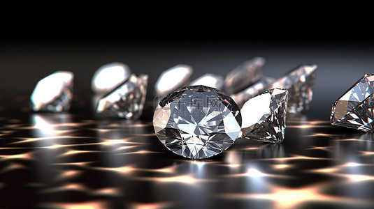 钻石簇排列在光泽背景上，具有模糊效果 3D 设计