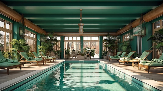 时尚的室内泳池绿洲，配有躺椅吧台和凳子 3D 可视化