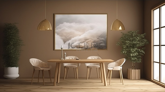 模型场景木桌和室内植物伴随着房间内的 3d 渲染画框