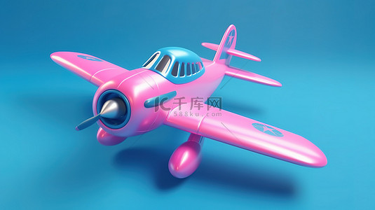 蓝色背景下粉色卡通玩具喷气式飞机的双色调风格 3D 渲染