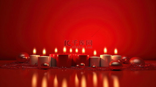 3D 渲染的圣诞烛光在红色背景下投射出温暖的光芒