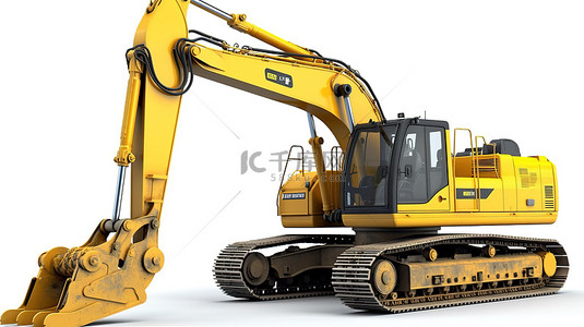 机械设备背景图片_白色隔离背景重型施工设备上的 3d 黄色挖掘机近视侧角拍摄