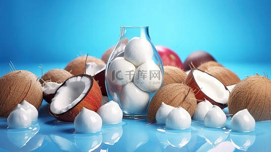 果水背景图片_蓝色背景上椰子水和椰子球的彩色 3D 渲染