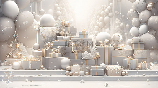 银色的节日 3D 背景，配有米色讲台礼品盒和圣诞球，非常适合新年庆祝活动