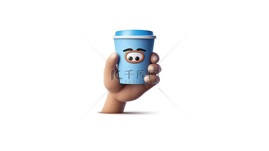 穿着蓝色衬衫白色背景上拿着咖啡杯的卡通手的 3D 渲染