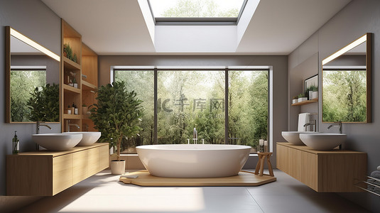 虚拟现实设计的现代浴室配有天窗大窗户和自然采光，配有浴缸木水槽和镜子