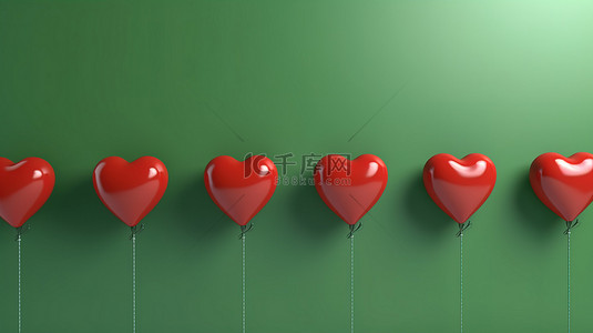 一排红心气球对着充满活力的绿色墙壁 3d 渲染