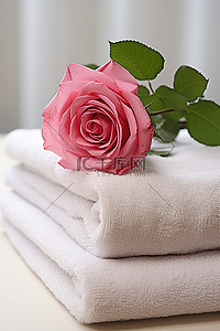 两朵玫瑰上放一叠毛巾