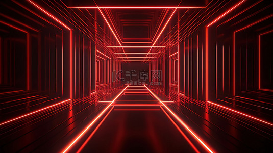 荧光红色和发光的霓虹灯线在 3d 渲染中抽象几何背景